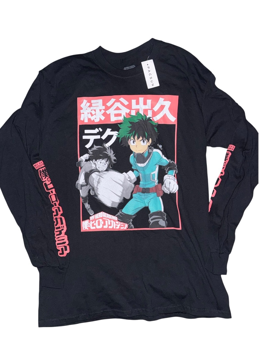 PacSun Black Long Sleeve Tee with Teal & Pink Deku Graphic